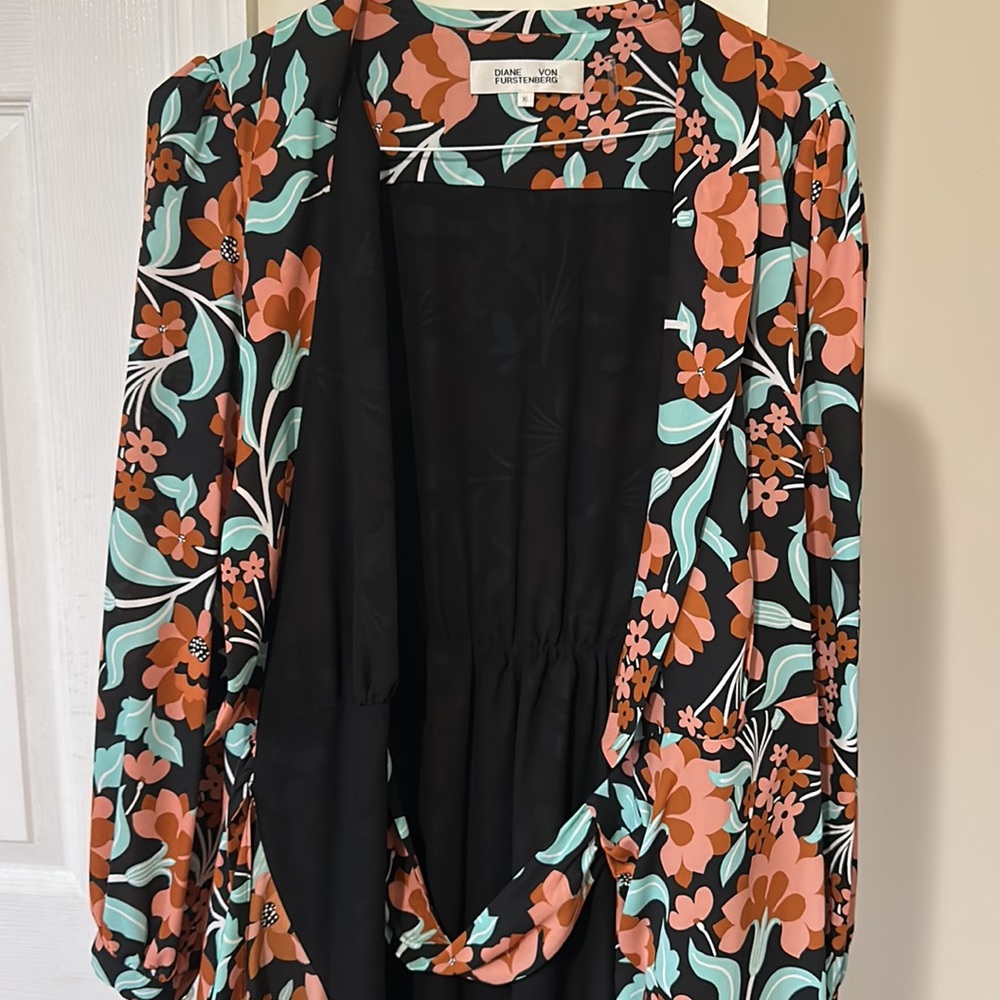 Diane Von Furstenberg Floral Wrap Dress - Black, Orange, Green - Picture 7 of 10